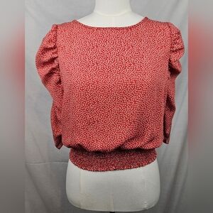 Anthropologie Paper Crane‎ Red Polka Dot Puff Sleeve Med Feminine Coquette Boho